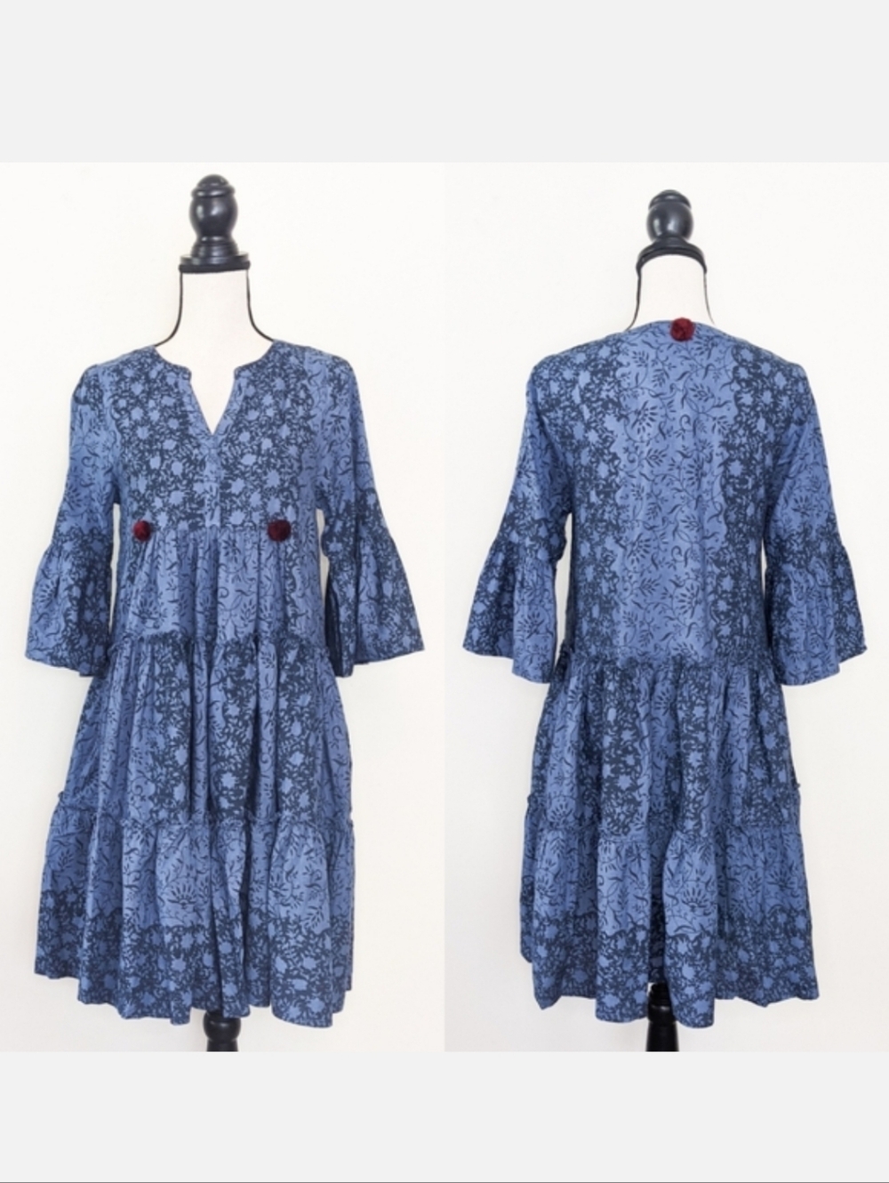 🦋LAST🦋 NWT Kopal Handmade Indigo Floral Boho Mini Dress, Size Large